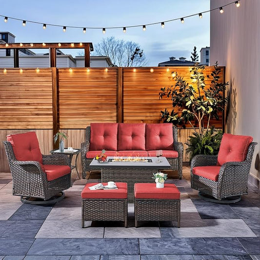 HUMMUH 7 Pieces Patio Furniture Set with Fire Pit Table Outdoor Conversation Set PE Wicker Patio Couch Swivel Glider Chairs Ottomans for Balcony Garden,Lawn,Deck