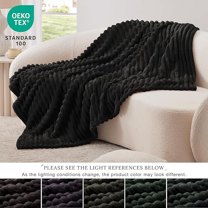 EXQ Home Fleece Blanket Twin Size for Couch or Bed - 3D Stripe Jacquard Decorative Blankets - Cozy Soft Lightweight Fuzzy Flannel Blanket Suitable for All Seasons(60"??80",Black)