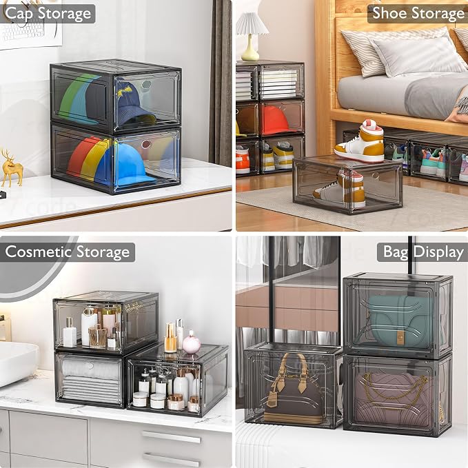 7 code Thicken & Sturdy Clear Shoe Storage Organizer with Magnetic Door, Stackable Boxes for Closet, Foldable Shoe Rack for Sneaker Boot Container, Plastic Shoe Cabinet Shoe Box 6 Pack, Black - Image 7