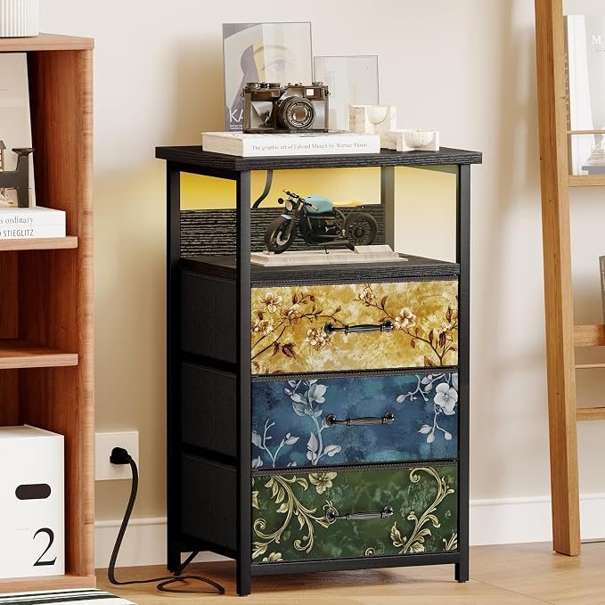Fixwal Night Stand with Charging Station, LED Nightstand with U-S-B Ports and Outlets, 3 Fabric Storage Drawers with PU Finish, Bedside Table, Vintage Flower - Image 6