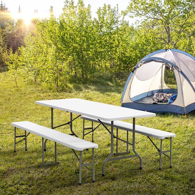 VINGLI Picnic Table Set with 2 Benches, 6 Feet Camping Table Chair Set,3-Piece Folding Furniture for Indoor or Outdoor Use, Smooth Tabletop, White - Image 6