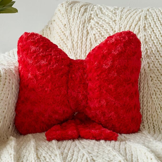 Bow Pillow, Decorative Bow Pillows with Soft Plush for Couch Bed, Bow Shaped Throw Pillow Room Decor for Bedroom, Bow Decorative Pillow for Living Room (Red, Large-16 Inches)