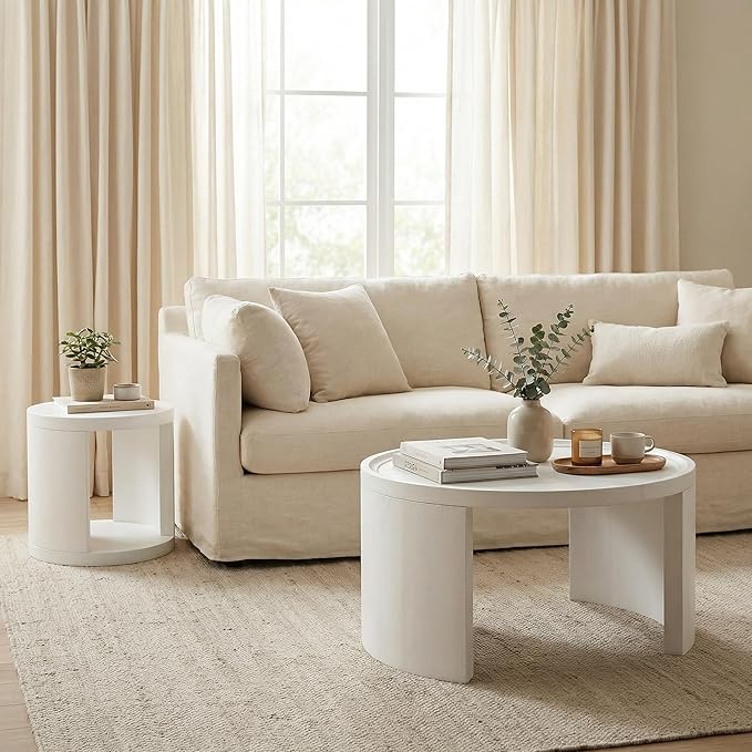 Round Nesting Coffee Table Set of 2, White Coffee Table, 31.5" Large & 18" Small Low Tables with Wood Top, Center Table for Living Room, Bedroom, Minimalist Center Table Set