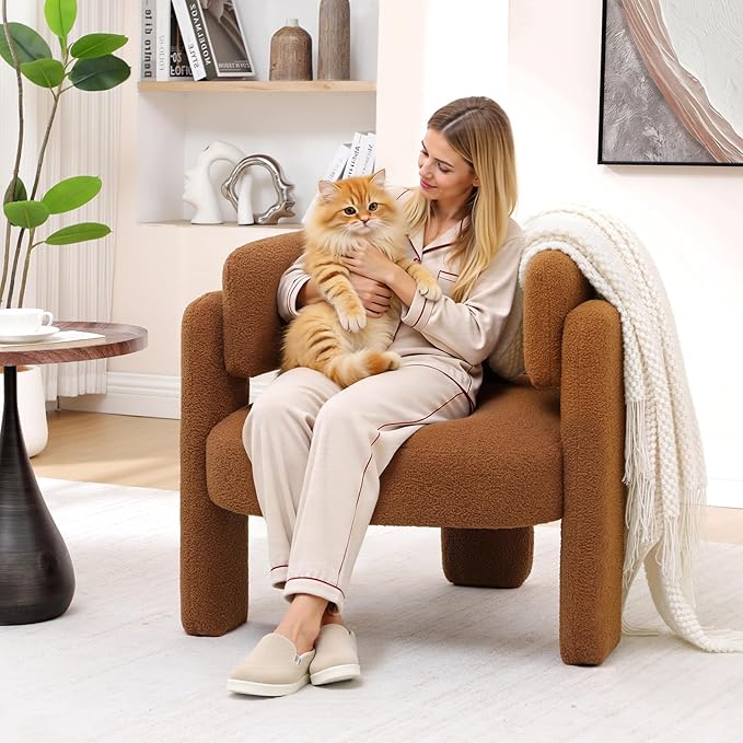 Accent Chairs Set of 2, Modern Sherpa Barrel Chairs, Upholstered Living Room Chairs with 3 Legs, Comfy Armchair Reading Side Chair for Bedroom, Office, Apartment, Brown