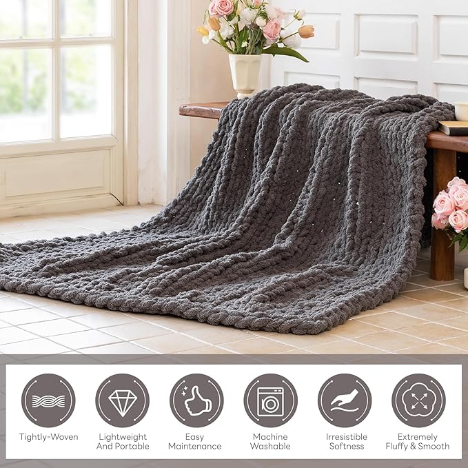 Chunky Knit Blanket - Luxury Soft Cozy 50 * 60 Throw Blanket,100% Woven Blanket Rope Knot Throw Blanket for Couch, Sofa, Home Decor, Gift - Machine Washable (Black Gray, 50 * 60)