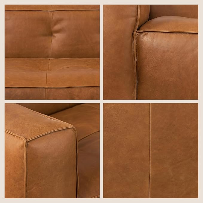 Poly & BARK Capa 92" Sofa – Saddle Tan Full-Grain Pure-Aniline Italian Leather, Boxy Modern Design, Feather-Fiber Cushions, Solid Wood Frame