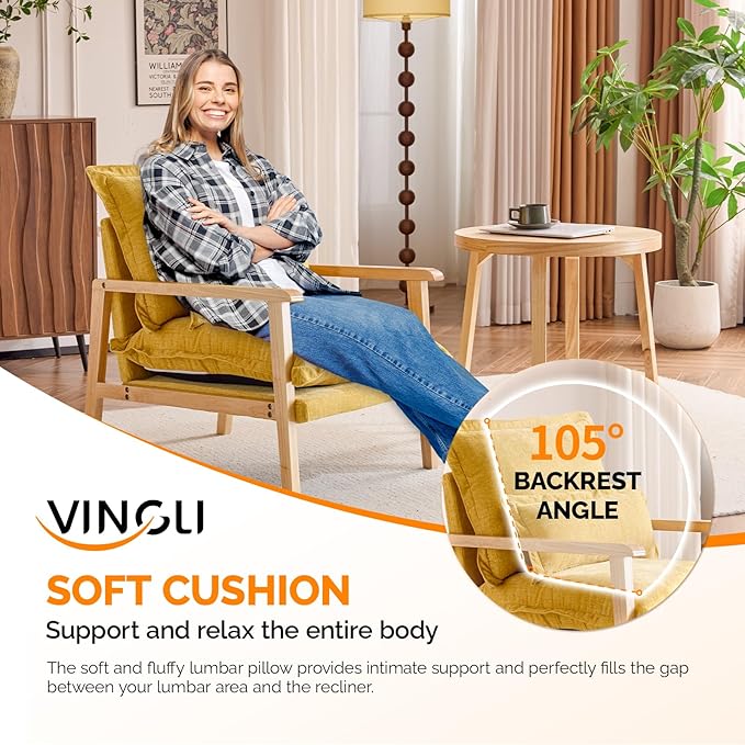 VINGLI Mid-Century Modern Cloud Accent Armchair with Lumbar Pillow, 6.3'' Thick Seat Cushion Comfortable Reading Chair with Wooden Armrests，Boho Lounge Chair for Bedroom, Living Room, Chenille, Yellow