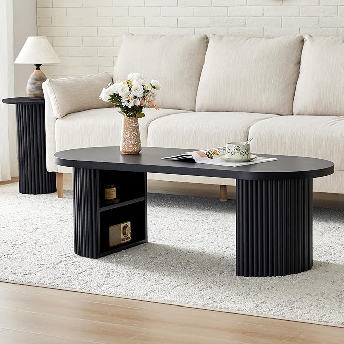 Oval Fluted Coffee Table, 47" Farmhouse Wood Coffee Table Mid Century Modern Center Table Boho Living Room Tables for Living Room Office,Black