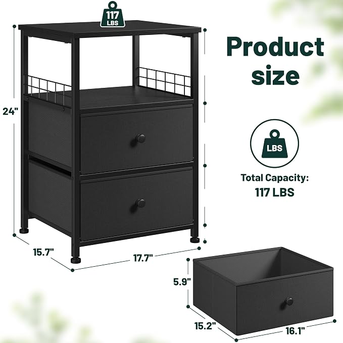 EnHomee 17.8" W Nightstand, End Table with Fabric Drawers and Open Wood Shelf Storage,Safety Netting on 2 Sides of Night Stand,Bedside Table with Metal Frame for Bedroom,Closet, Dorm,Black and Gray - Image 2