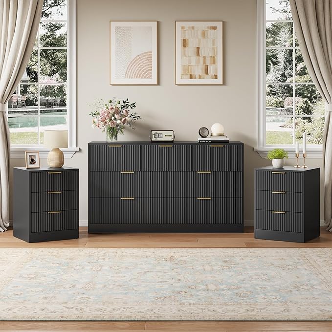 7 Drawer Dresser & Nightstand Set, 3-Piece Black Bedroom Dressers and Night Stand Set of 2 with Metal Handle, Fluted Modern Wood Chest of Drawers Storage Dressers Set for Bedroom, Black