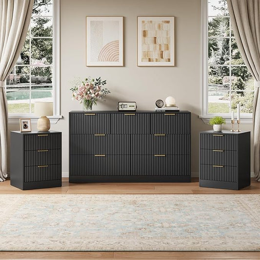7 Drawer Dresser & Nightstand Set, 3-Piece Black Bedroom Dressers and Night Stand Set of 2 with Metal Handle, Fluted Modern Wood Chest of Drawers Storage Dressers Set for Bedroom, Black