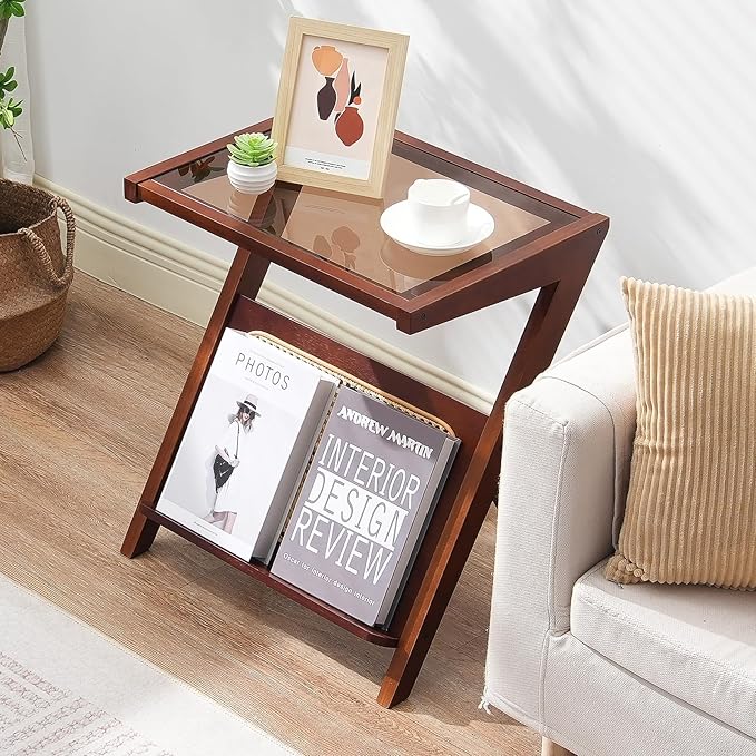 VEVOR Rattan Coffee Table, Z-Shaped Rattan Woven Bamboo Coffee Table with Tempered Glass Top, 20” Modern Boho Storage Table with Natural Bamboo Legs, for Living Room, Bedroom & Small Spaces