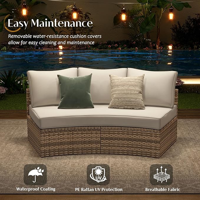PaPaJet 3-Piece Patio Furniture Set, Half-Moon Wicker Sectional Sofa with Cushions, Waterproof Rattan Outdoor Conversation Set for Beach, Pool, Garden & Balcony, Beige