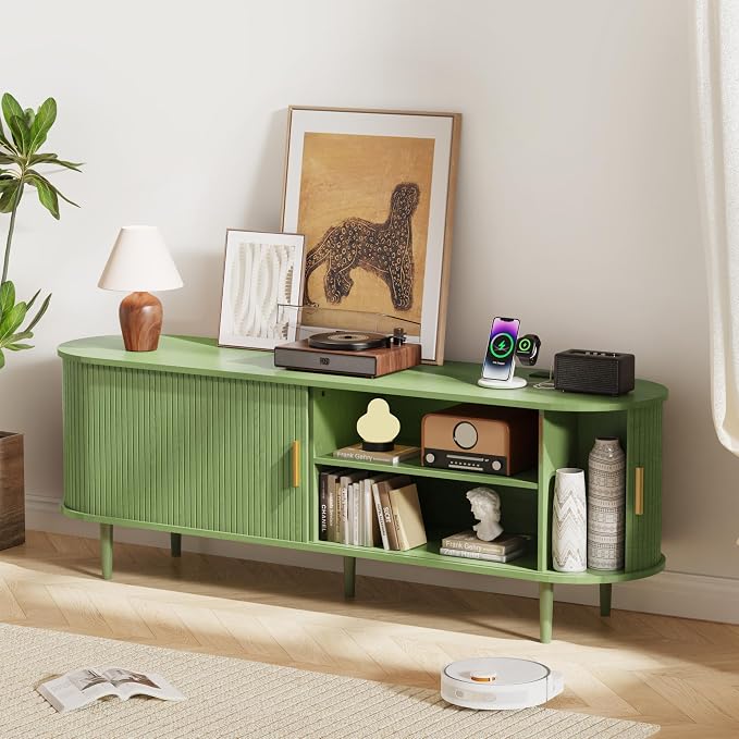 DHH 63 Inch Mid Century Modern TV Stand with Power Outlet for TVs up to 70 Inch, Entertainment Center with Storage and Adjustable Shelves, Media Console with Sliding Doors for Living Room(Green) - Image 6