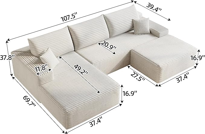 107" Corduroy Couch with Ottoman, Cloud Sectional U Shaped Sofa, Deep Seat Boneless Couches for Living Room Bedroom Apartment, Compressed Foam No Assembly Required, Left Facing Chaise, White