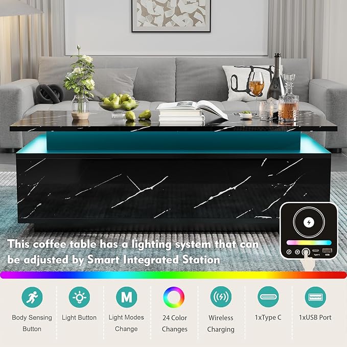 47" Modern LED Coffee Table with Wireless Charging, Bluetooth Speaker, and USB Ports, High Glossy Marble Coffee Table with Large Open 2-Tier Storage and Shelves for Living Room - Black