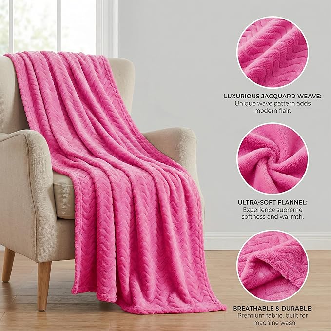 Exclusivo Mezcla Fleece Throw Blanket for Couch, Cozy Lightweight Blankets for All Season, Decorative Giftable Fuzzy Plush Wave Textured Throws for Women, Men, Hot Pink, 50x70 Inches