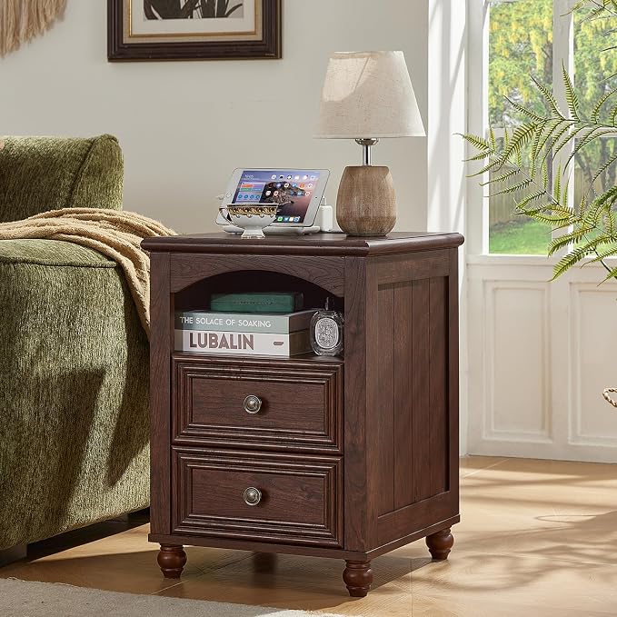 RWYHG 18" Farmhouse Night Stand Set of 2 with Charging Station, Walnut Wood Nightstand with 2 Drawers, Bedside End Table with Shelf Storage, Bed Side Tables for Bedroom, Living Room, and Closet - Image 9