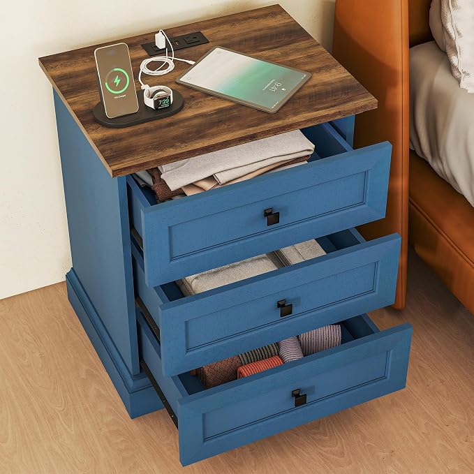 Night Stand with Charging Station, Bedside Table with 2 Drawers Storage and Open Shelf, Nightstand with Outlets for Bedroom Office (1, Blue) - Image 3