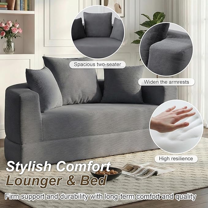 Casaphoria 67'' Wide Convertible Sofa Bed,Large Fold-Out Floor Couch with Comfy Back Pillows,Multi-Functional Sleeper for Living Room,Guest,Studio(Gray)