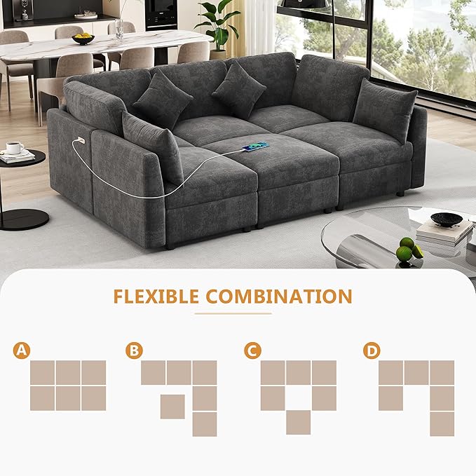 6 Seater Reversible Modular Sectional Sofa Convertible Sleeper Couch Bed , Free Combination Chenille Upholstered Corner Sofa&Couches with USB Ports and Detachable Cushions for Living Room Furniture