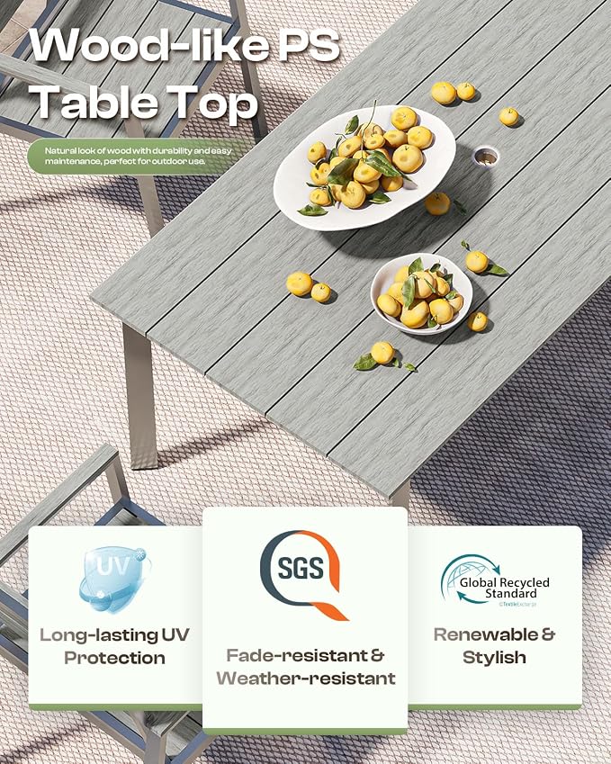 67" Rectangle HDPS Patio Dining Table, Aluminum Outdoor Patio Dining Table with Umbrella Hole, Weather-Resistant for Lawn, Garden, Yard, Poolside and Indoor Use (Gray & Teak) - Image 3