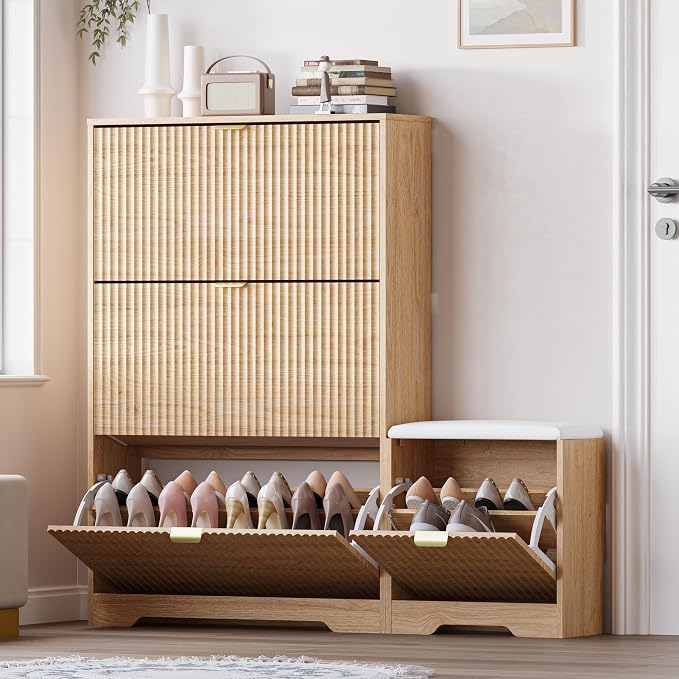BORNOON Slim Shoe Cabinet with Bench for Entryway, Hidden Storage and Adjustable Shelves, Free Standing Wooden Shoes Organizer for Hallway, Foyer by BORNOON