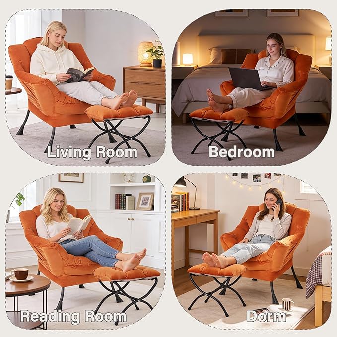 MBOOYOME Lazy Chair with Folding Ottoman, Modern Accent Armchair with Armrests, Side Pocket & Foldable Footstool, Reading Chair for Living Room, Bedroom, Dorm & Office, Velvet Orange
