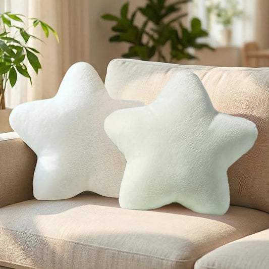 2PCS Star Pillow Set, 15.35’’ Cute Green White Decorative Star Shaped Throw Pillows for Bed Couch, Aesthetic Soft Faux Plush Pillow Cushion for Room Bedroom Decor Sofa Chair (Green&White)