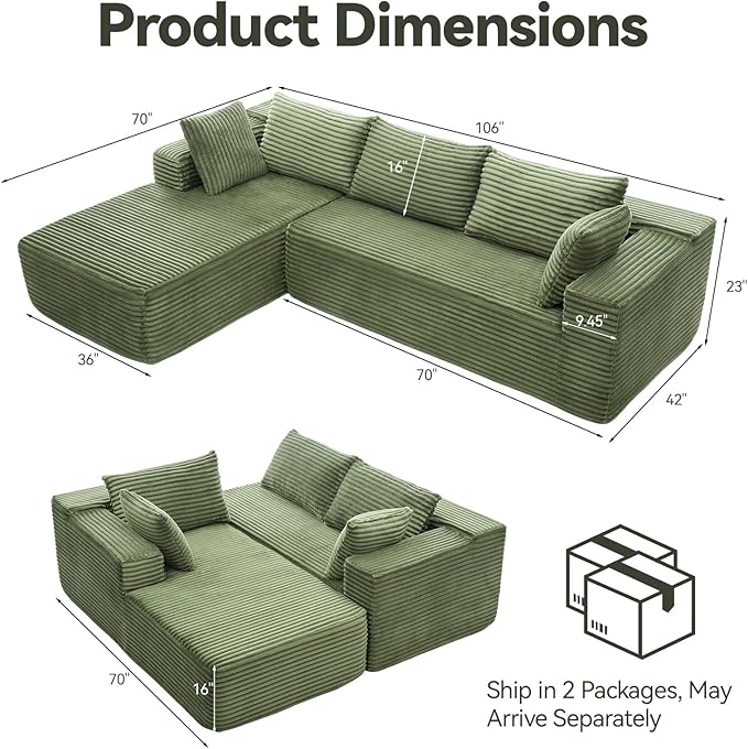 106" Modular Sectional Sofa, Green Corduroy Cloud Couch with Right Chaise, Deep Seat Boneless Floor Sofa for Living Room, High-Resilience Foam Support, No Assembly Required, Includes Pillows | Sectional Sofa, Corduroy Cloud, Boneless, High-Resilience, ...
