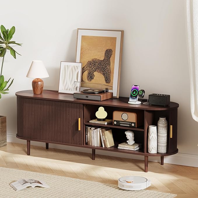 DHH 63 Inch Mid Century Modern TV Stand with Power Outlet for TVs up to 70 Inch, Entertainment Center with Storage and Adjustable Shelves, Media Console with Sliding Doors for Living Room(Walnut) - Image 6