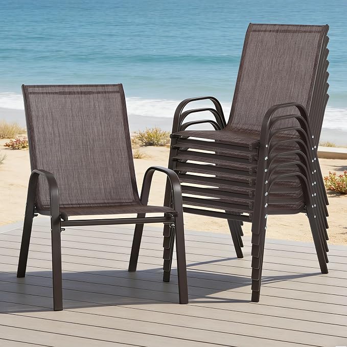Outdoor Stackable Chairs Set of 8, Stacking Patio Chairs with Textilene Fabric, Outside Furniture for Garden Backyard Balconie Poolside Deck, Brown - Image 2
