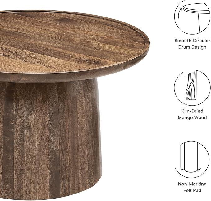 Modway Holloway 30 Inch Round Mango Wood Coffee Table in Walnut – Contemporary Circle Drum for Living Room – Mid-Century Modern Table with Solid Tabletop