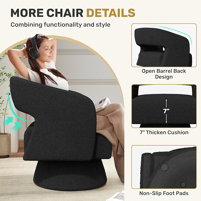 Nebuaegis Swivel Accent Chair Set of 2, Modern Comfy Teddy Barrel Chairs, Oversized Upholstered Round Arm Chair for Living Room, Bedroom, Reading Room, Black