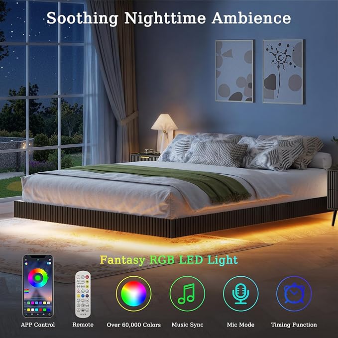 LYNSOM 3 Pieces King Bedroom Set, Floating Bed Frame with Smart LED Lights & Nightstand Set of 2, Fluted Bedroom Furniture Set for Home, Bedroom, Black
