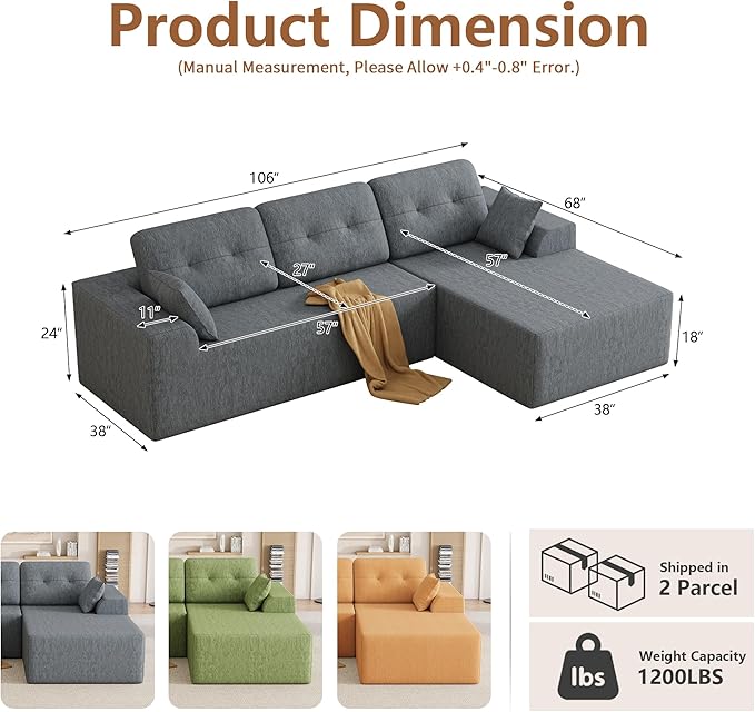 Ball & Cast 106" Modular Sectional Sofa,Cloud Chenille Couch with Deep Seat,Boneless L-Shaped Sectional,Modern Comfort Upholstered Sofa for Living Room,No Assembly Required (Gray, Right Facing Chaise)
