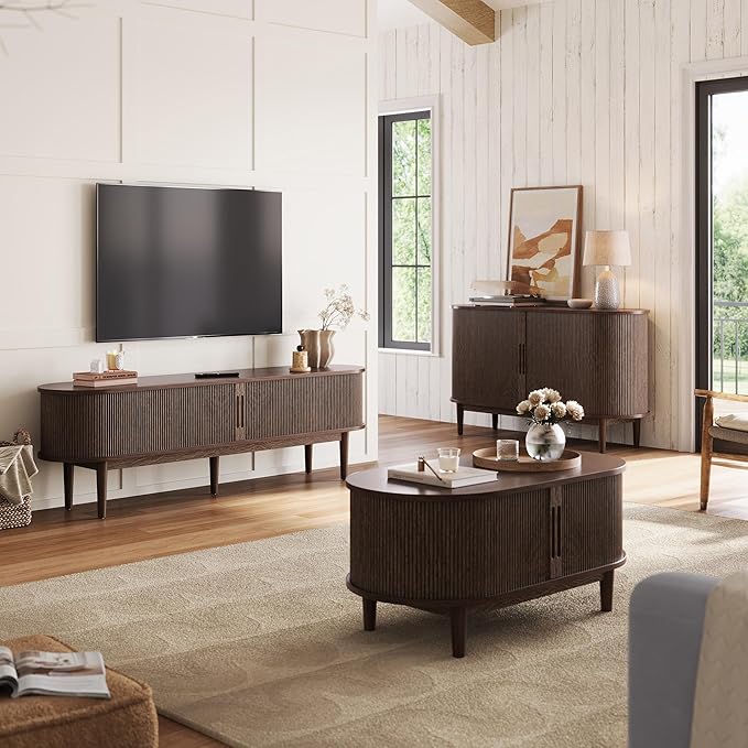 LINSY HOME Fluted TV Stand for 75" TV, Mid-Century Modern 70" Entertainment Center with Sliding Tambour Door and Storage Cabinet, Cruved TV Media Console Table for Living Room, Bedroom, Walnut - Image 2