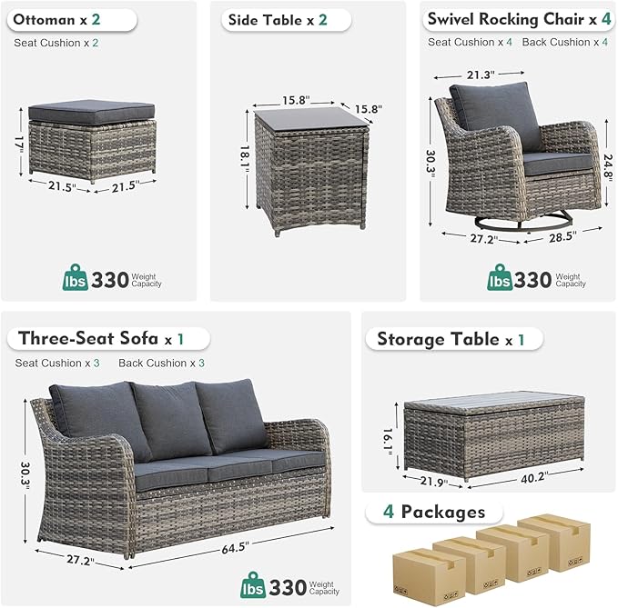 MEISSALIVVE Patio Furniture Set with Swivel Rocking Chairs, 10 Pieces Patio Conversation Set, Outdoor Wicker Sofa Couch with Waterproof Cushions for Lawn Backyard Porch (Grey)