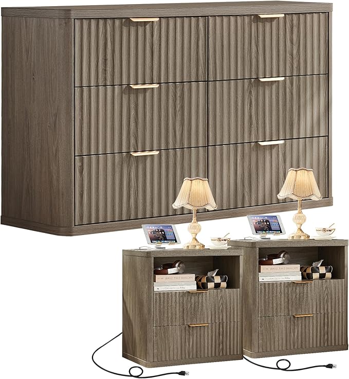 LEYAOYAO 48" Wide Fluted Dresser and 2 Drawers 23" Nightstand Set of 2, Wooden Dresser & Night Stand with Charging Station, 3 Piece Bedroom Furniture Set, Wood Chest of Drawer for Living Room,Grey