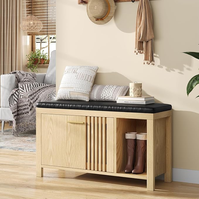 UNIQUITE 40" Shoe Storage Bench with Flip Drawers & Padded Seat Cushion, Open Compartments & Slatted Doors, Entryway Bench with Shoe Storage for Entryway, Hallway, Living Room, Bedroom, Natural - Image 8