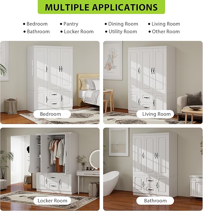 Armoire Wardrobe Closet 3 Door: Wooden White Bedroom Armoire Storage Cabinet for Large Capacity Armoire and Wardrobe Closet Wood with 2 Drawers Hanging Rail Shelves