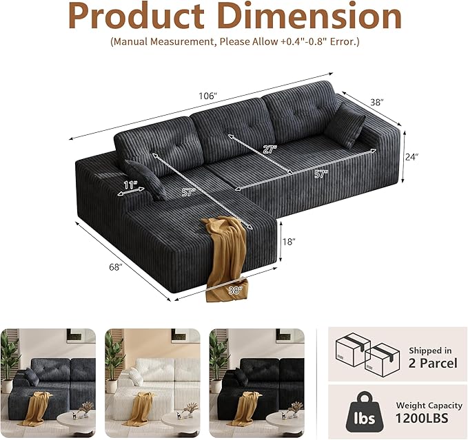 Ball & Cast 106" Cloud Modular Sectional Sofa, Boneless Corduroy Couch with Deep Seat, Comfy L-Shaped Sectional, Modern Upholstered Sofa for Living Room, No Assembly (Gray, Left Facing Chaise)