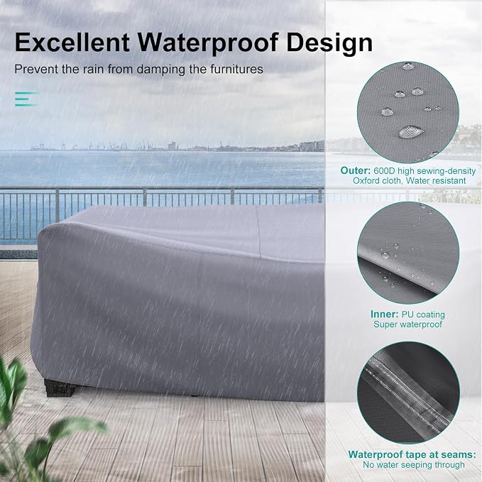 Patio Furniture Set Cover Waterproof, Heavy Duty Furniture Covers for Outdoor Sectional Sofa Set Wicker Rattan Table Chair Rectangular,74"L×47"W×28"H,Grey - Image 6