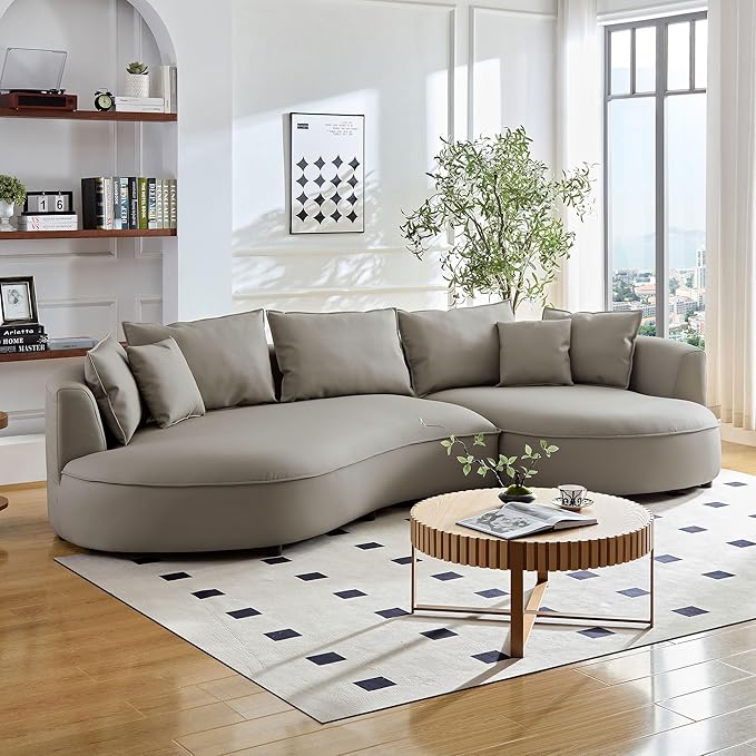 KEIKI 129" Curved Oversized Modular Bonded Leather Sectional Sofa with Right Chaise, 4 Pillows, 3 Back Cushion, Modern Style Comfy 5-Seater Couch, Easy Assembly, for Apartment, Living Room, Light Grey