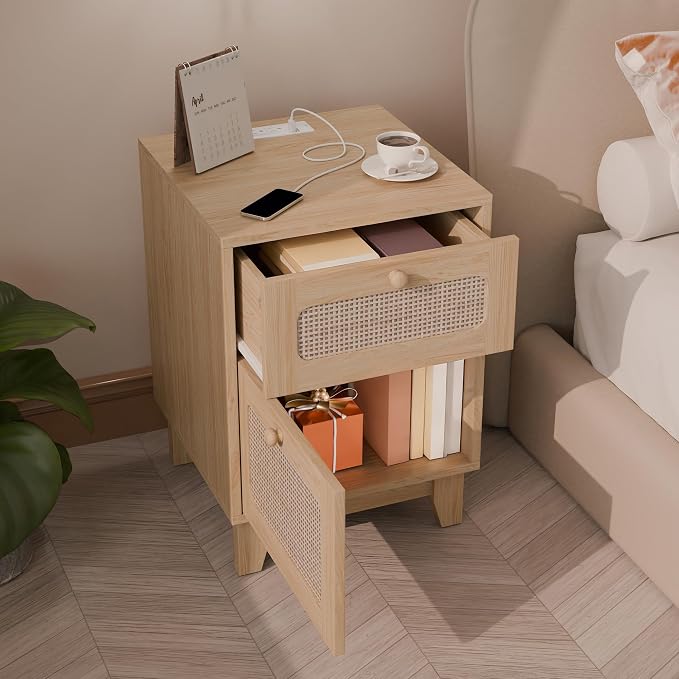 Modern Rattan Nightstand, Wicker Rattan Stand with Drawer and Charge Station, Wooden Bedside Table for Small Spaces, Natural Wood Side Table for Bedroom - Image 3