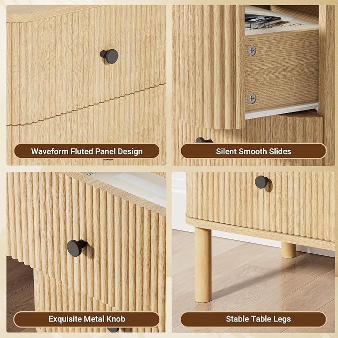 Fluted Nightstand, Modern Night Stand, 2 Drawers Nightstand with Charging Station, Wooden End Table Rounded Corners & Solid Wood Legs, Bedside Table for Bedroom Sofa Home Office,Natural Oak - Image 6