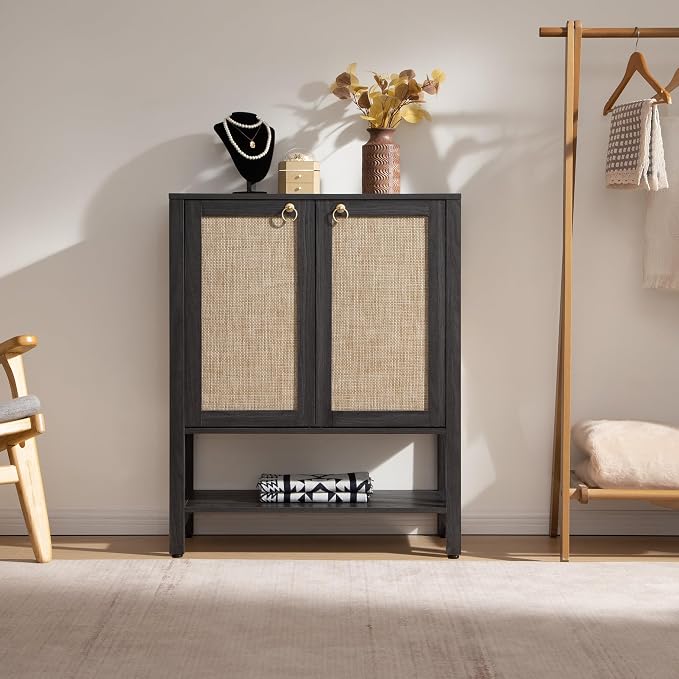 SICOTAS Shoe Storage Cabinet for Entryway - 5 Tier Rattan Entry Shoe Organizer Cabinet with Shelves & Doors, 2 Pieces Farmhouse Boho Tall Shoe Rack for Hallway, Living Room, Closet (Obsidian) - Image 8