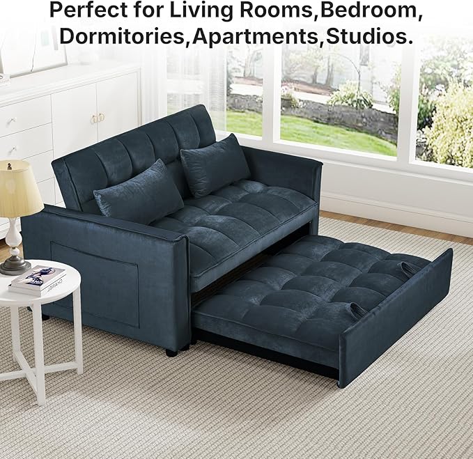Rovibek 3 in 1 Sleeper Sofa Bed, 53'' Pull Out Couch Convertible Futon Loveseat with Adjustable Backrest, Velvet Sleeper Chaise Lounge Futon for Apartment Office Small Space, Black