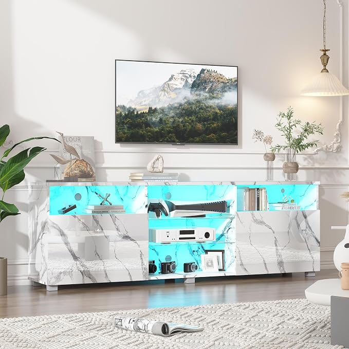 Hlivelood 70" Large LED TV Stand for 65/70/75Inch TV, High Glossy White TV Stand for Living Room,Modern Gaming TV Entertainment Center with Adjustable Storage Shelf,TV Console(White Marble) - Image 3