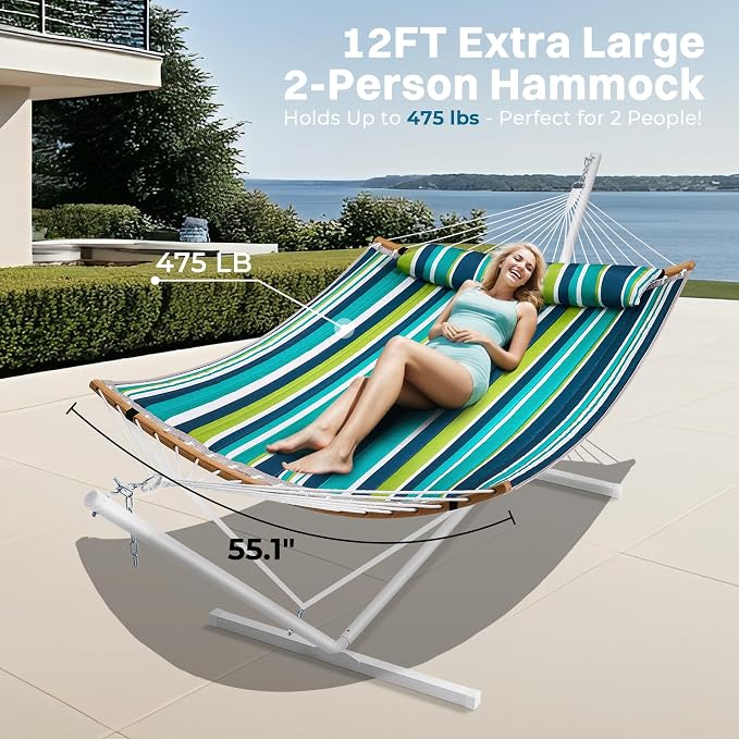SUPERJARE Curved-Bar Hammock with Stand, 2 Person Heavy Duty Hammock Frame, Detachable Pillow & Portable Carrying Bag, Perfect for Outdoor & Indoor, Blue-Green Stripe - Image 2